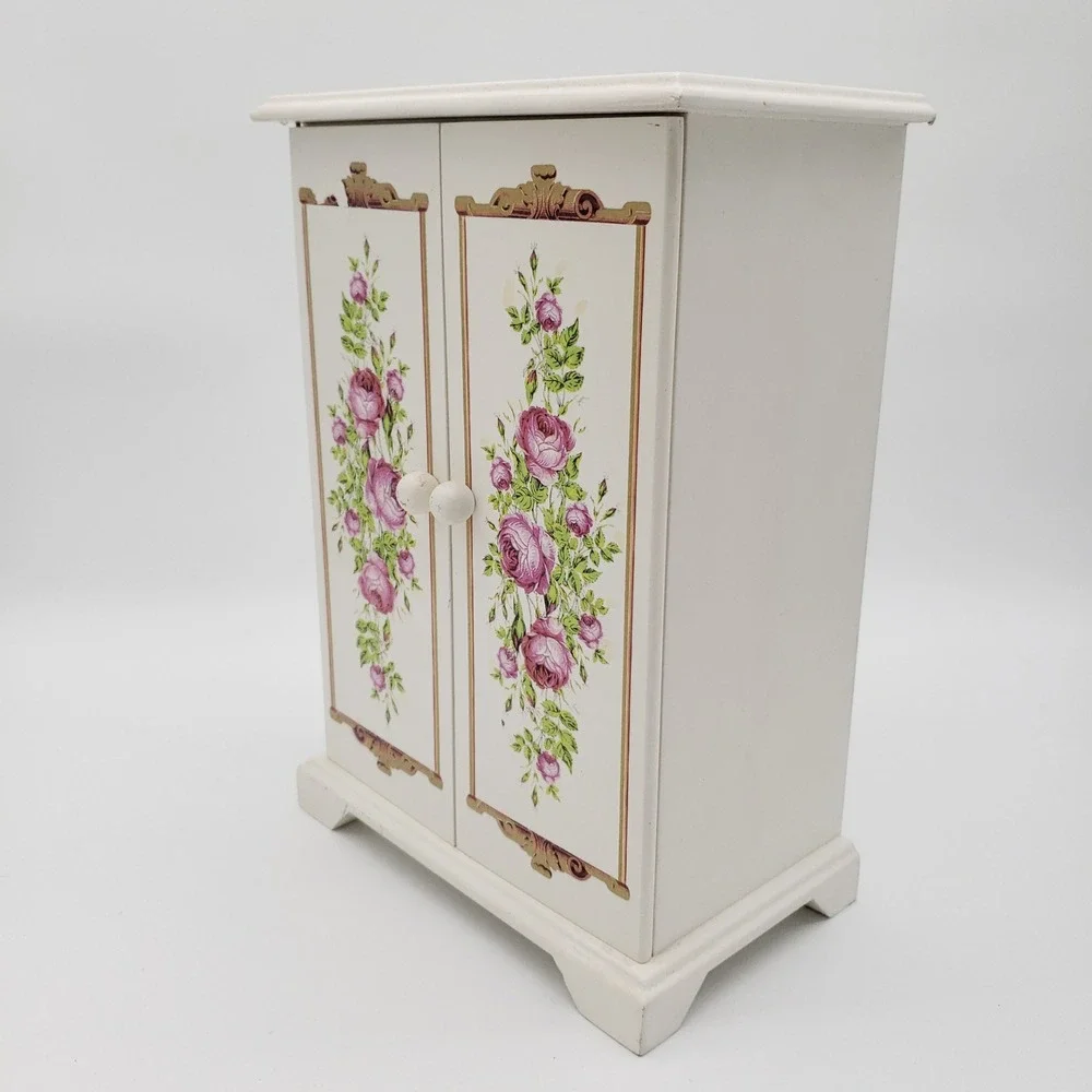 Vintage Shabby Chic White Floral Jewelry Armoire Rose Trinket Box Organizer